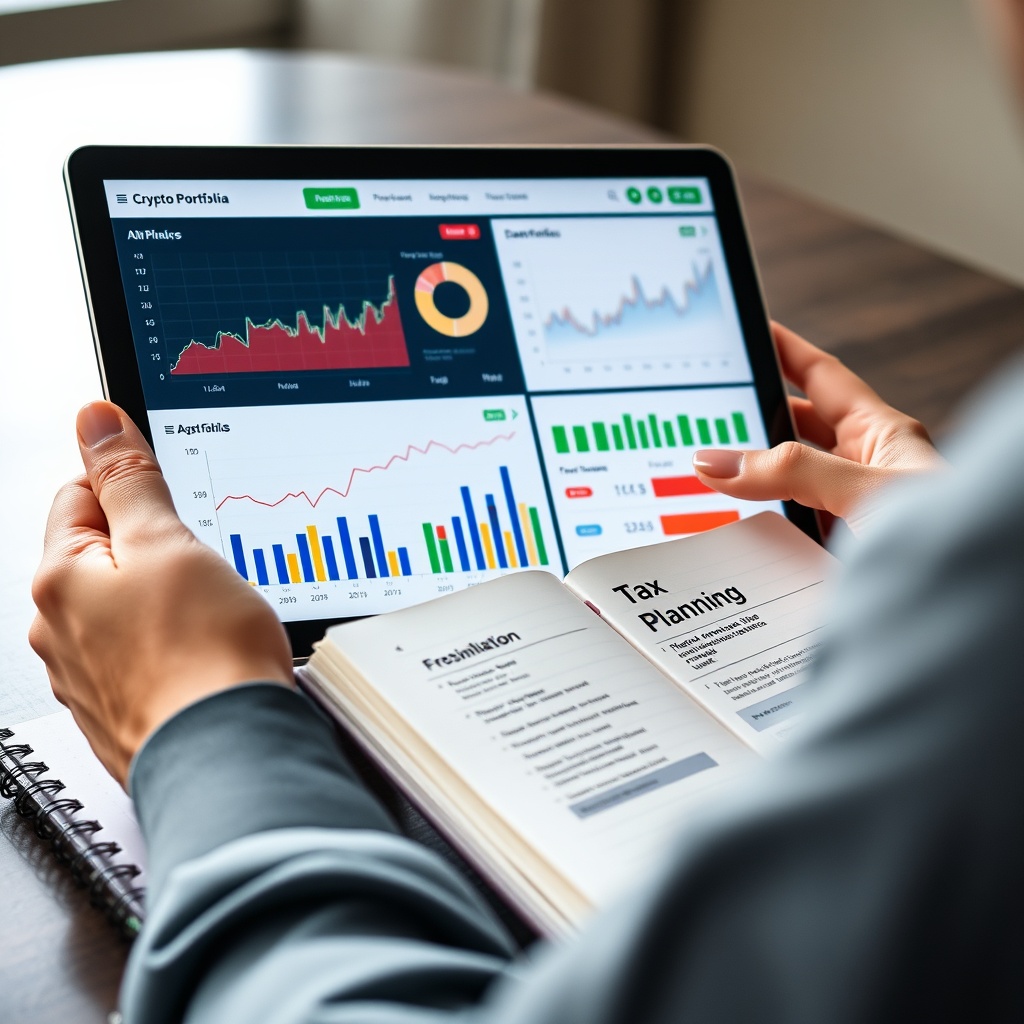 A professional stock photo of a person using a tablet to view a diversified crypto portfolio dashboard with charts and graphs, with a notebook showing tax planning strategies, representing tax planning for portfolios.
