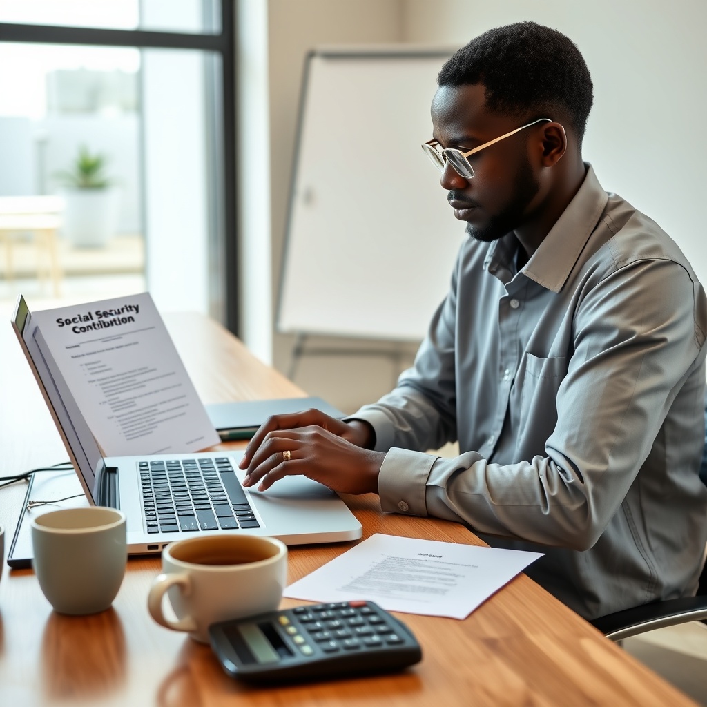 Professional stock photo of a person in Niger reviewing social security contribution documents on a laptop, with a calculator and coffee cup on a modern desk, natural lighting, clean office background.