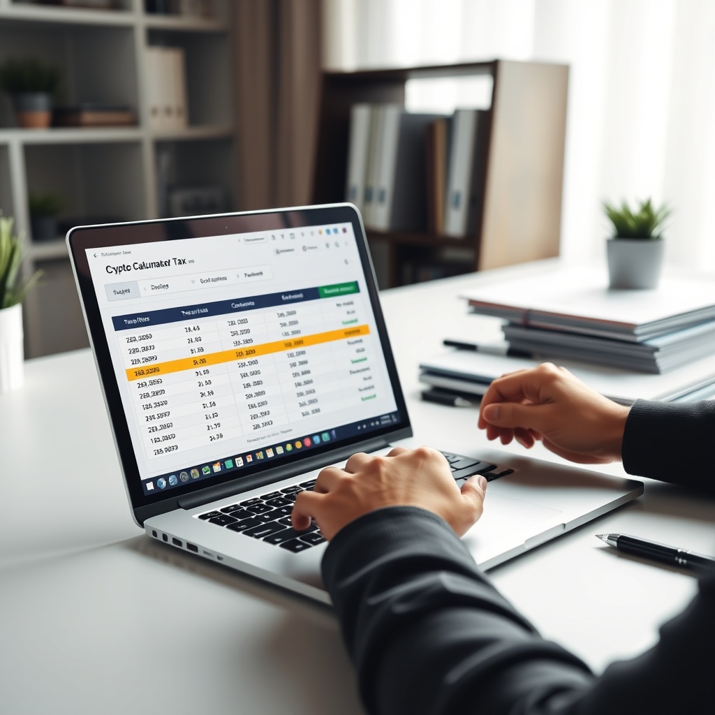 Professional stock photo of a person using a laptop with cryptocurrency tax calculation software open, showing charts and transaction logs, in a modern home office setting with clean desk and organized documents.