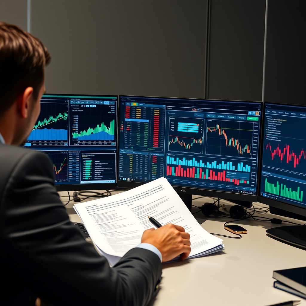 Professional stock photo of a person in business attire reviewing complex financial documents and charts on multiple screens, representing troubleshooting and managing advanced crypto tax situations.