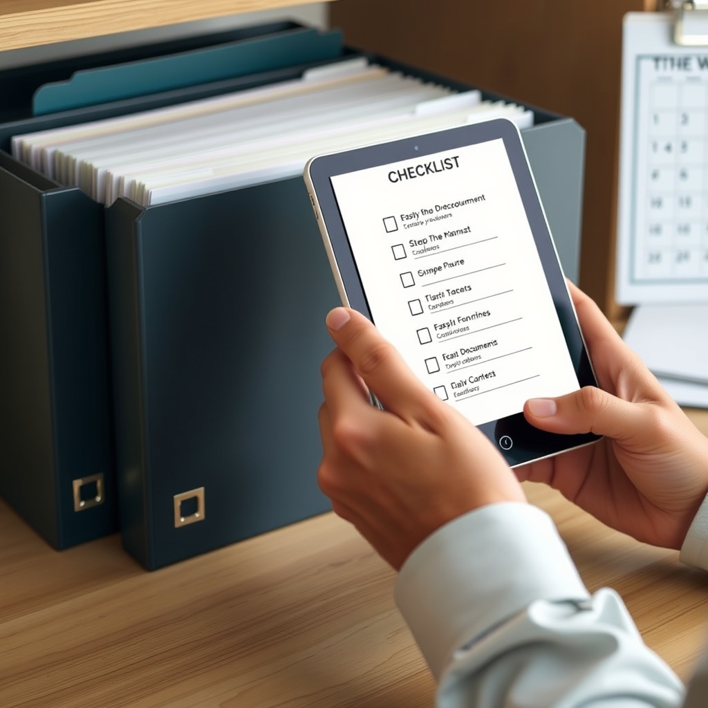 Professional stock photo of a person following a step-by-step checklist on a tablet while organizing tax documents in folders, with a calendar visible in the background.