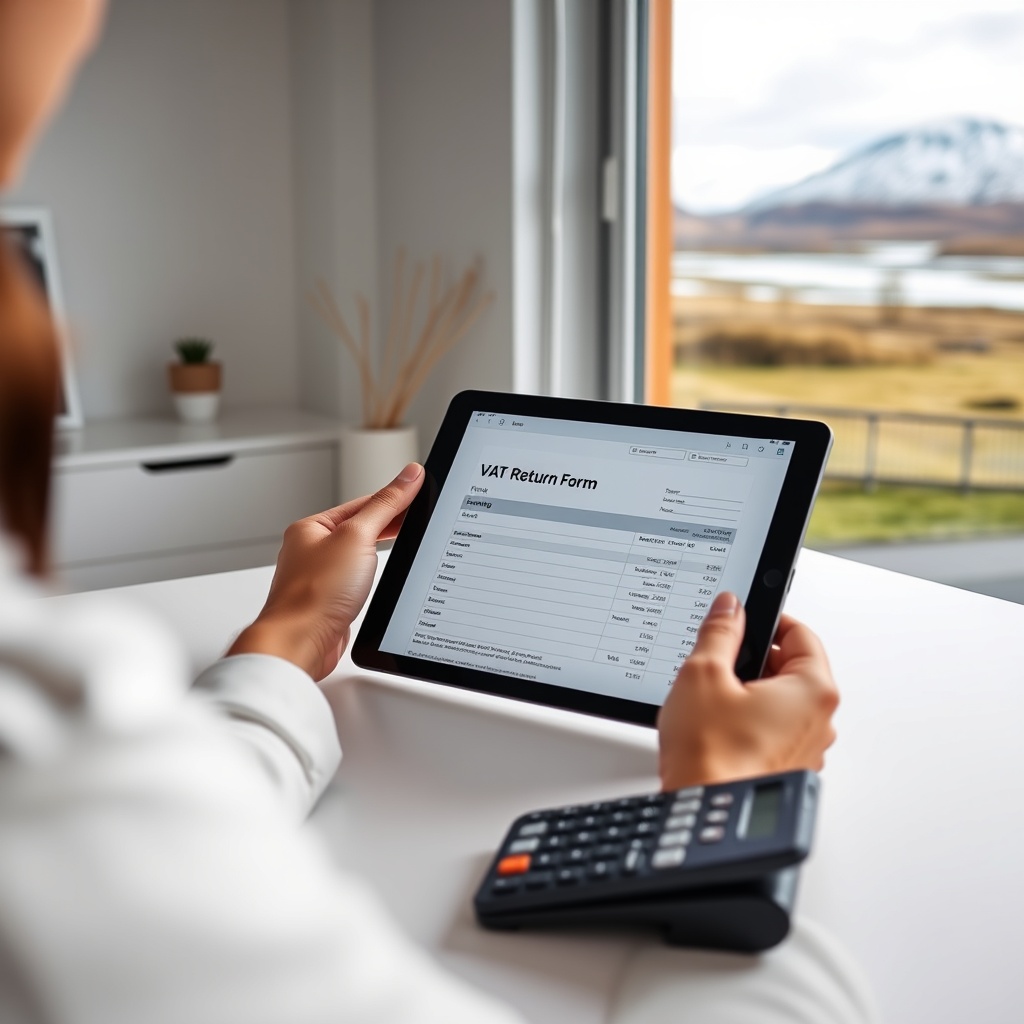Professional stock photo of a person in a modern Icelandic home office, reviewing a digital tablet displaying a VAT return form, with a laptop and calculator on a minimalist desk, natural light from a window overlooking a serene Icelandic landscape.