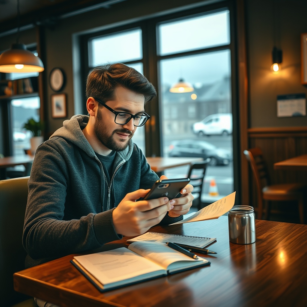 Professional stock photo of a freelancer in a cozy Icelandic cafe, using a smartphone app to scan and categorize receipts, with a notebook and pen nearby, showcasing efficient expense tracking in a casual work environment.
