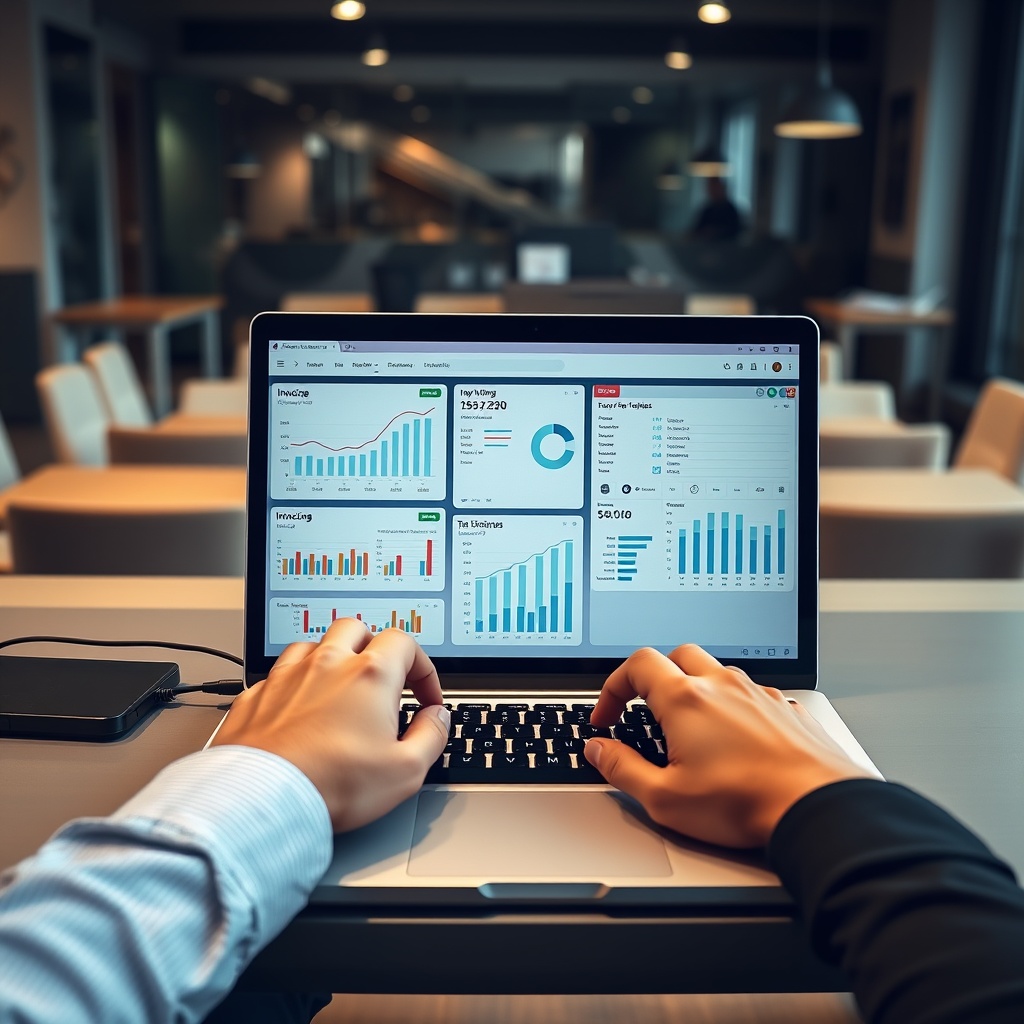 Professional stock photo of a freelancer's hands typing on a laptop keyboard, with multiple financial software dashboards visible on the screen, including invoicing, expense reports, and tax calculations, set on a sleek desk in a modern Reykjavik co-working space.