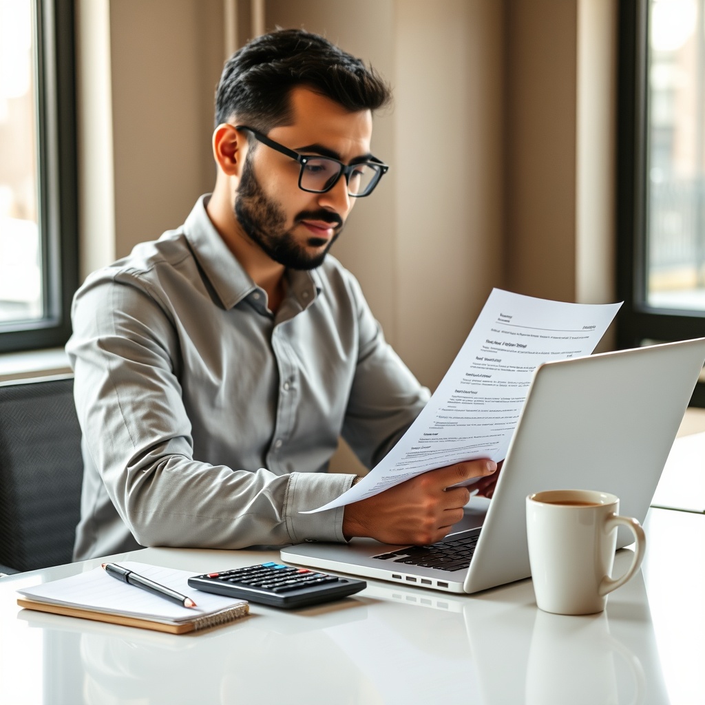 Professional stock photo of a Jordanian freelancer reviewing financial documents on a laptop with a calculator and coffee cup on a modern desk, warm natural lighting, business setting