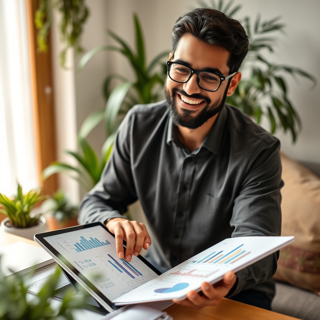 Professional stock photo of a Jordanian freelancer planning retirement finances with charts and graphs on a tablet, smiling confidently in a home office with plants, soft focus background