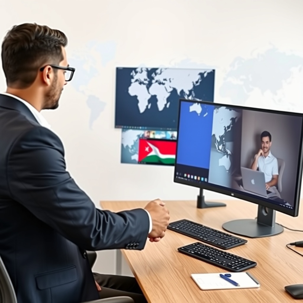 Professional stock photo of a Jordanian freelancer shaking hands with an international client over video call on dual monitors, global map in background, professional attire