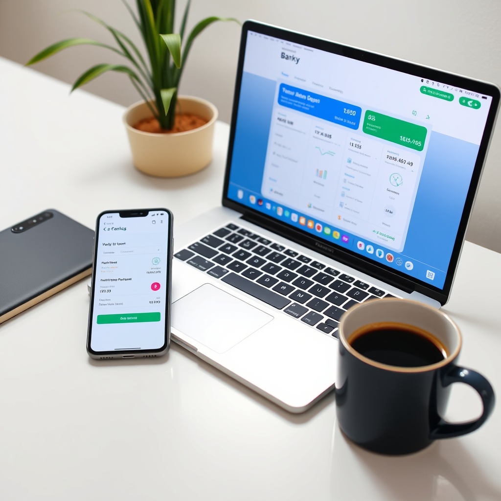 Professional stock photo of a modern banking interface on a laptop screen, with a smartphone displaying a digital payment app, set on a clean desk with a cup of coffee, representing digital financial infrastructure for freelancers.
