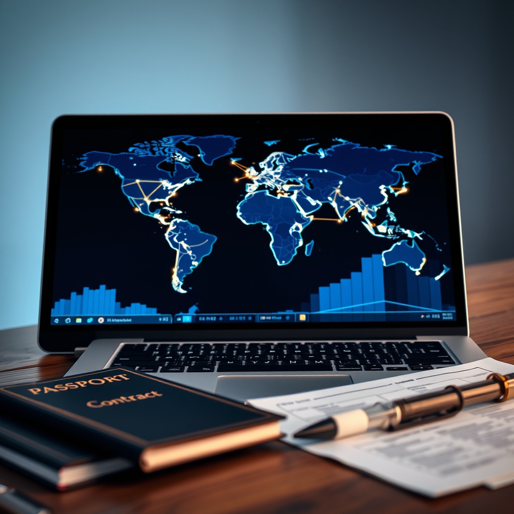 Professional stock photo of a world map on a tablet screen with glowing connection lines between continents, a laptop showing currency exchange rates, and a passport and contract documents nearby, representing international client work.