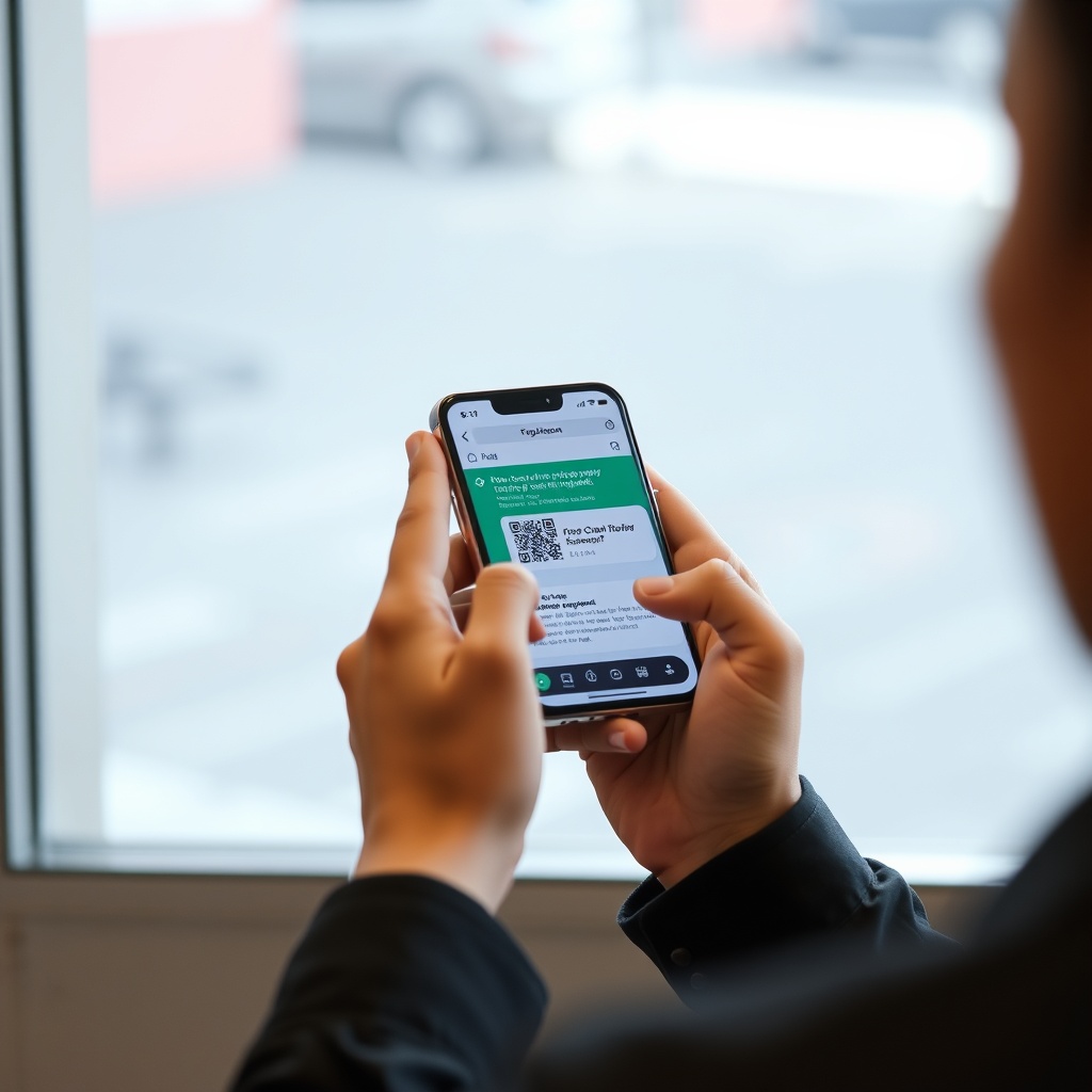 Professional stock photo of a person in Laos troubleshooting a QR payment issue on a smartphone, with a calm expression and helpful customer support chat visible on screen.