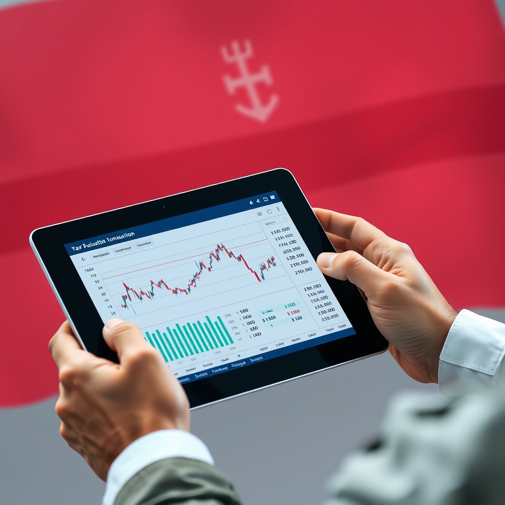 Professional stock photo of a person analyzing a digital tablet displaying cryptocurrency transaction charts and tax calculation formulas, with a Latvian flag subtly in the background, representing capital gains analysis.