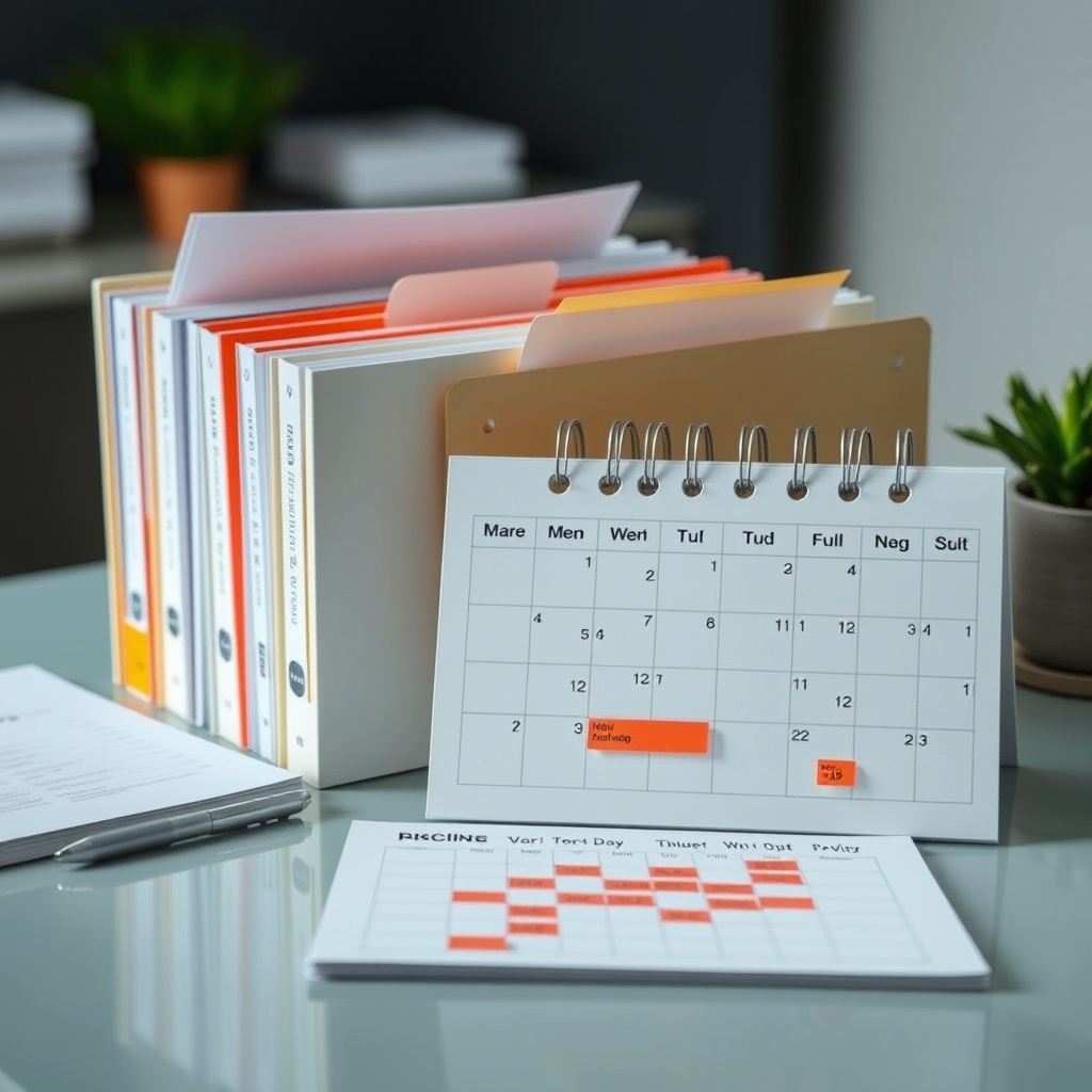Professional stock photo of organized digital folders and a calendar with highlighted deadlines on a modern desk, symbolizing reporting procedures and compliance timelines.