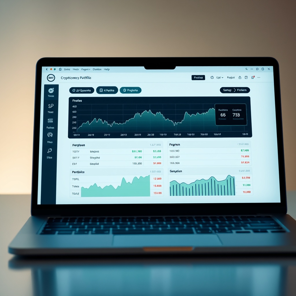 Professional stock photo of a laptop screen showing cryptocurrency portfolio tracking software with clean graphs, representing compliance tools and digital solutions.