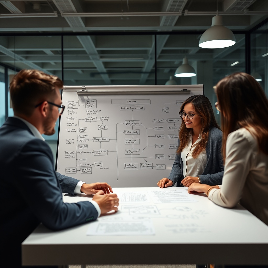 Professional stock photo of a business team in a modern office analyzing a complex flowchart on a whiteboard, highlighting strategic planning and optimization techniques.