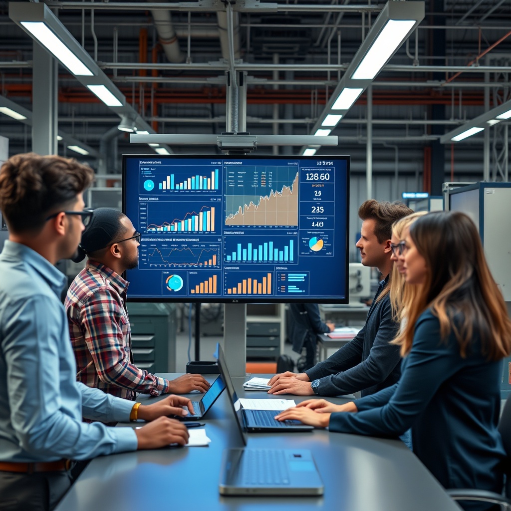 Professional stock photo of a diverse team in a tech or manufacturing workspace collaborating around a digital screen displaying data analytics and growth charts.