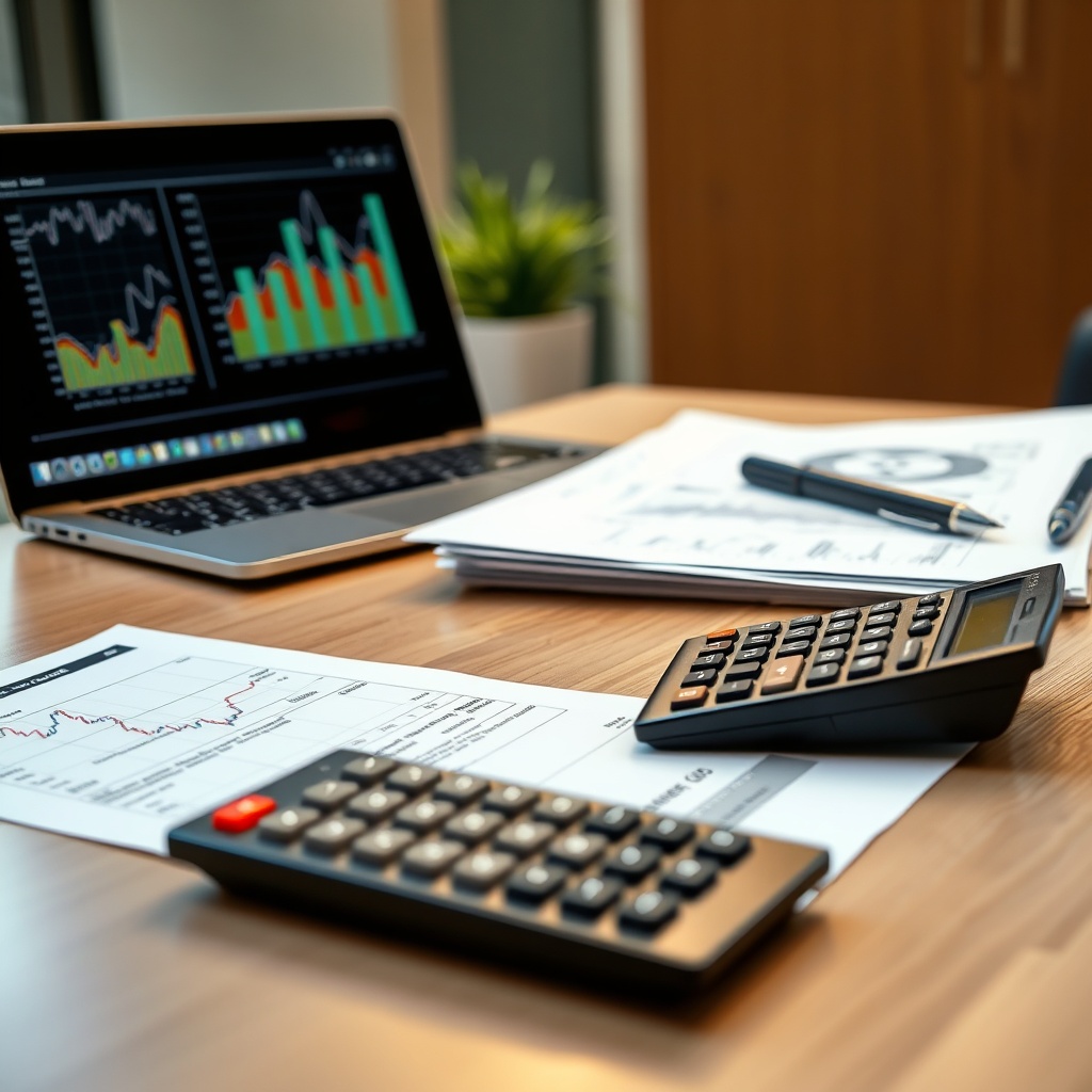 Professional stock photo of a modern office desk with a calculator, financial documents, and a laptop displaying charts, representing capital gains calculation and tax planning in a clean, well-lit corporate environment.