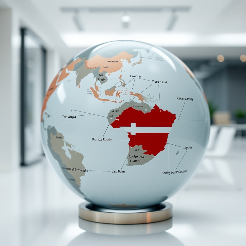 Professional stock photo of a globe with highlighted connections between Latvia and other countries, symbolizing international tax treaties and double taxation agreements, in a bright, minimalist office setting.
