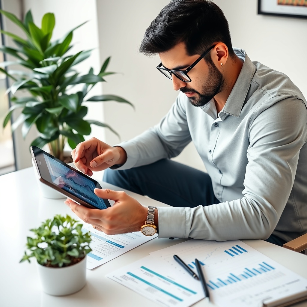 Professional stock photo of a Lebanese freelancer analyzing investment charts on a tablet, with a plant and financial documents nearby, bright office environment, focused composition.