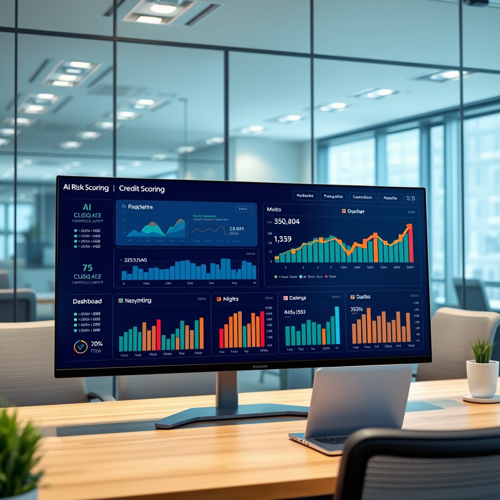 Professional stock photo of a modern financial technology dashboard with AI and machine learning visualizations, showing credit scoring algorithms and risk assessment metrics on a sleek digital interface in a Lebanese office setting.