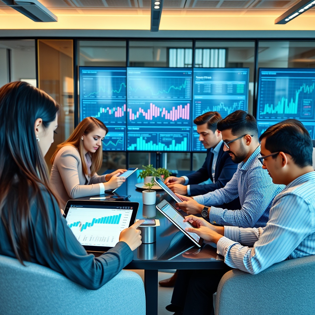 Professional stock photo of a diverse group of Lebanese investors using digital wealth management platforms and robo-advisors on tablets and laptops, with investment charts and portfolio analytics displayed in a contemporary financial workspace.