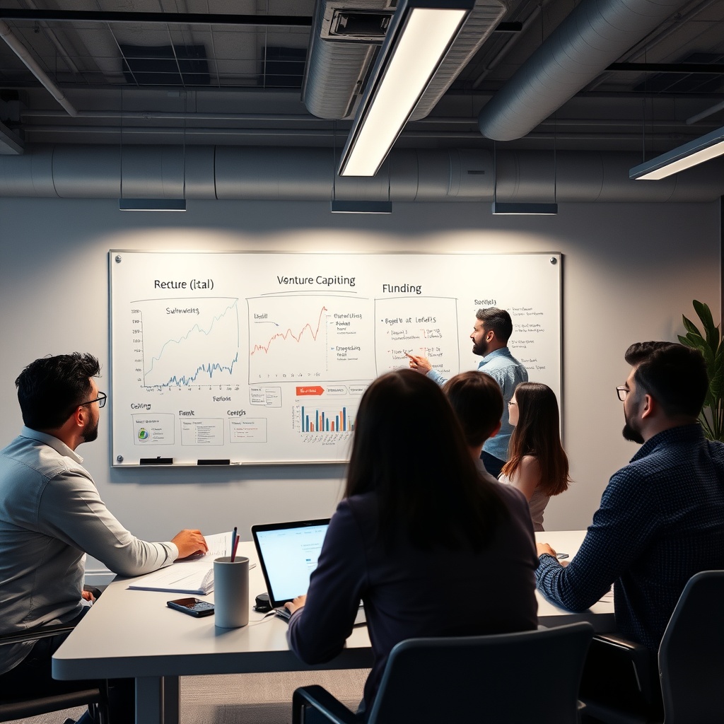 Professional stock photo of a strategic planning session in a Lebanese fintech startup, with a team analyzing venture capital trends and funding opportunities on a whiteboard, surrounded by modern technology and collaborative tools.