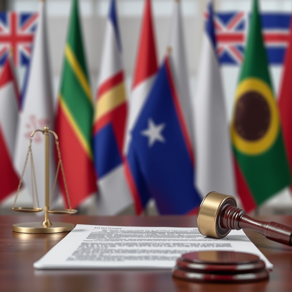Professional stock photo of a legal document with international flags in the background, representing cross-border contract structuring and legal considerations in reinsurance.