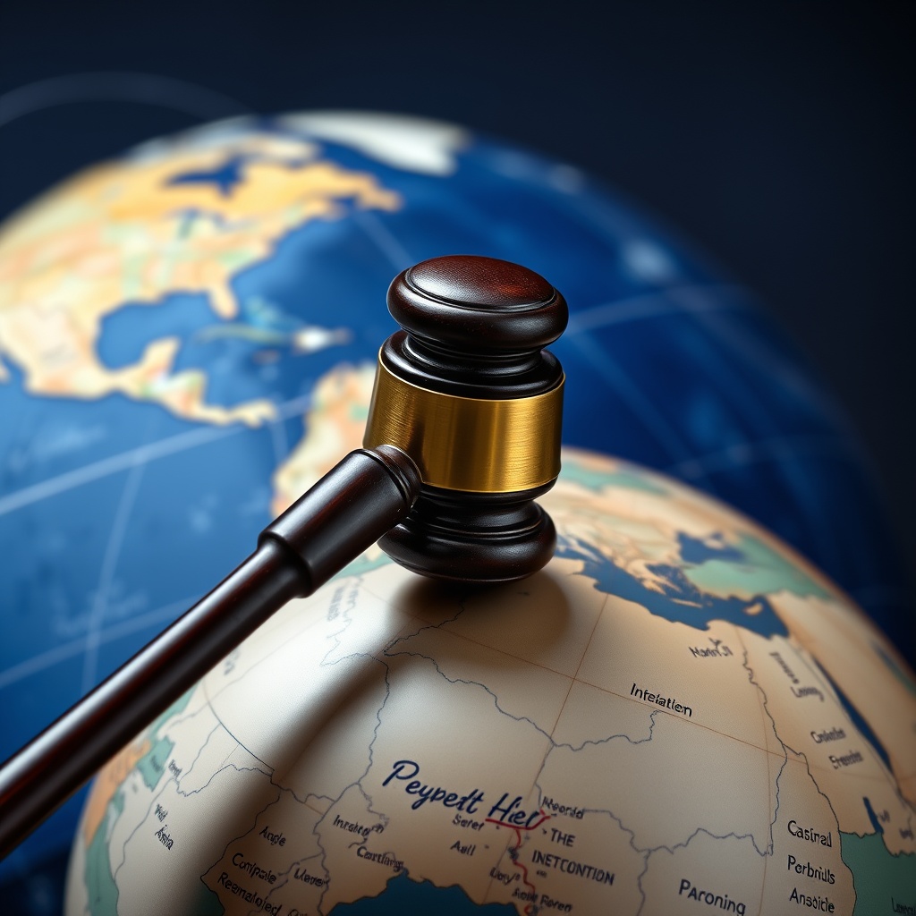 Professional stock photo of a gavel resting on a globe with connecting lines between continents, symbolizing international dispute resolution mechanisms in reinsurance.