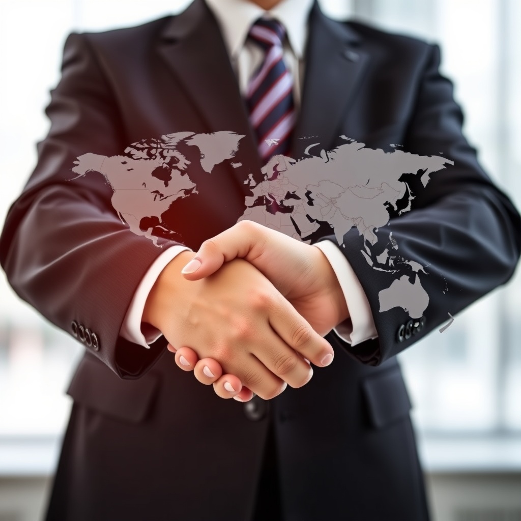 Professional stock photo of a handshake between business professionals with world map overlay, representing international regulatory cooperation and strategic partnerships.