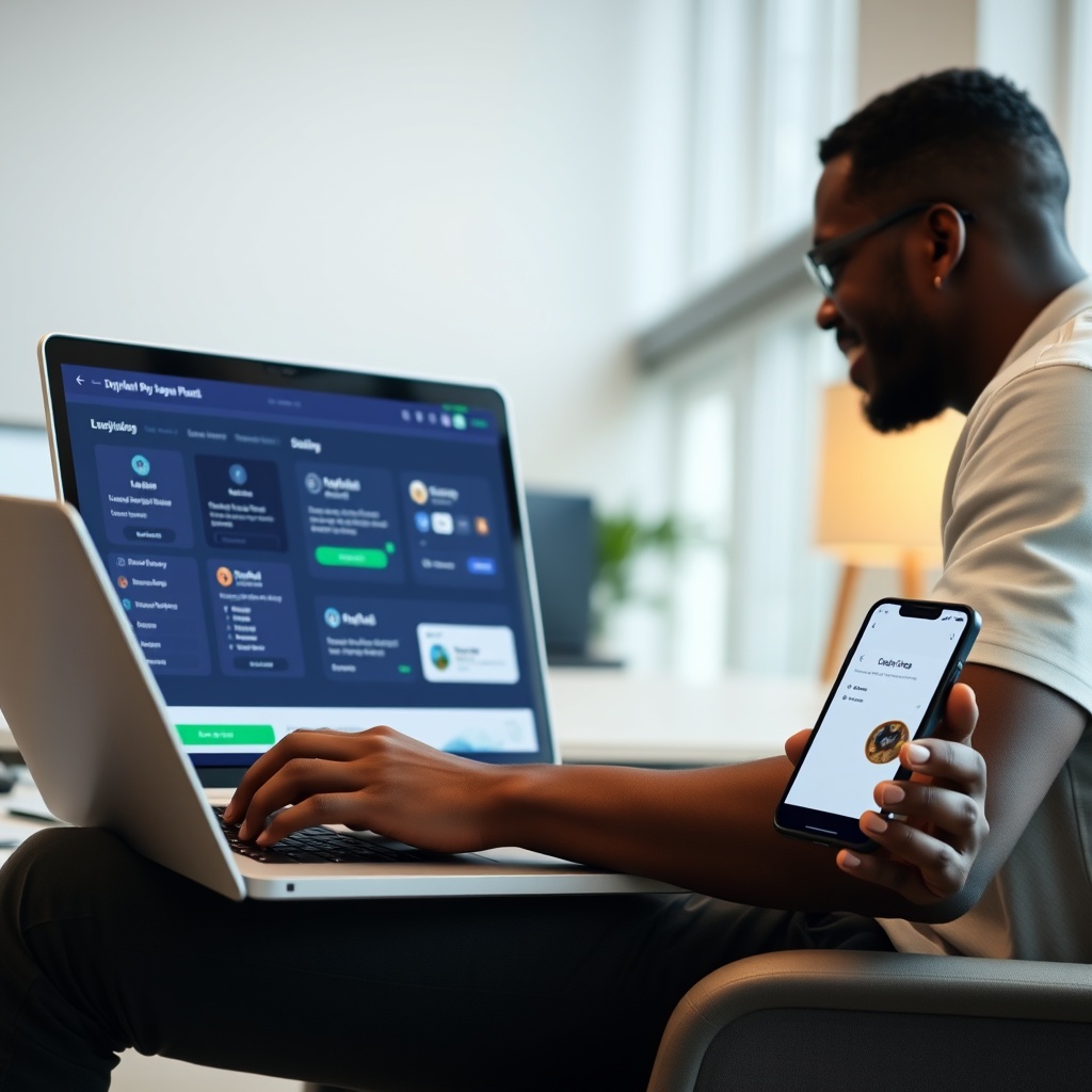 Professional stock photo of a Liberian freelancer using a laptop with multiple digital payment platform interfaces visible on screen, in a modern workspace with mobile phone showing mobile money app.