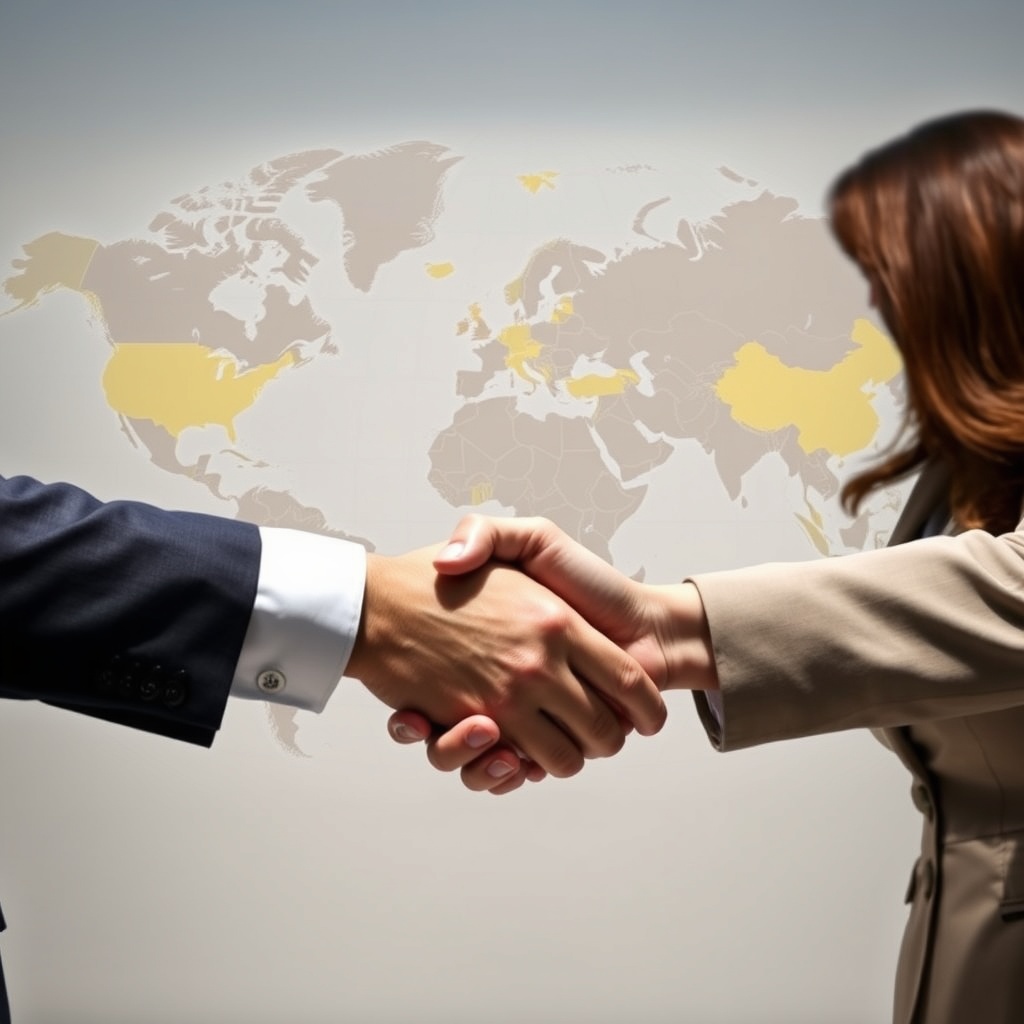 Professional stock photo of a handshake between businesspeople in front of a world map with highlighted international connections, symbolizing treaty benefits and cross-border cooperation.
