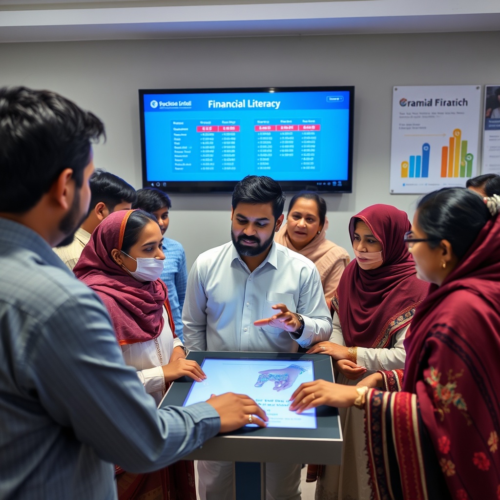 Professional stock photo of Pakistani consumers learning financial literacy through interactive digital displays in community center, with diverse age groups and educational atmosphere.