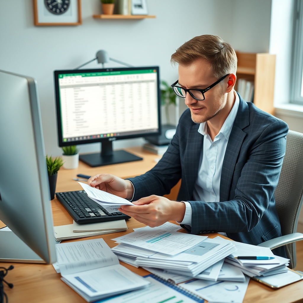 Professional stock photo of a freelancer organizing receipts and expense documents in a home office setting, with a computer showing a spreadsheet, tidy workspace, focused atmosphere.