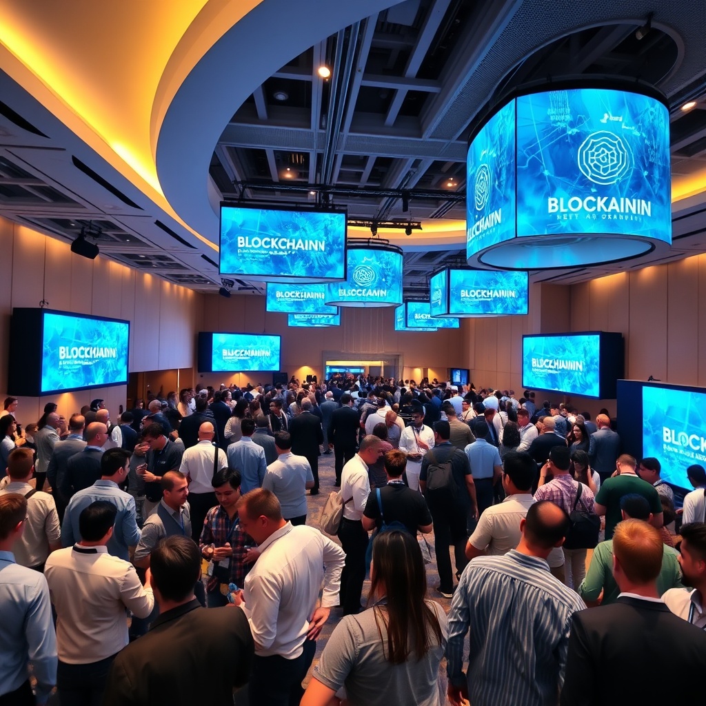 Professional stock photo of a modern conference hall in Panama with attendees networking, digital screens displaying blockchain concepts, and a vibrant atmosphere suggesting a major industry event, no text.