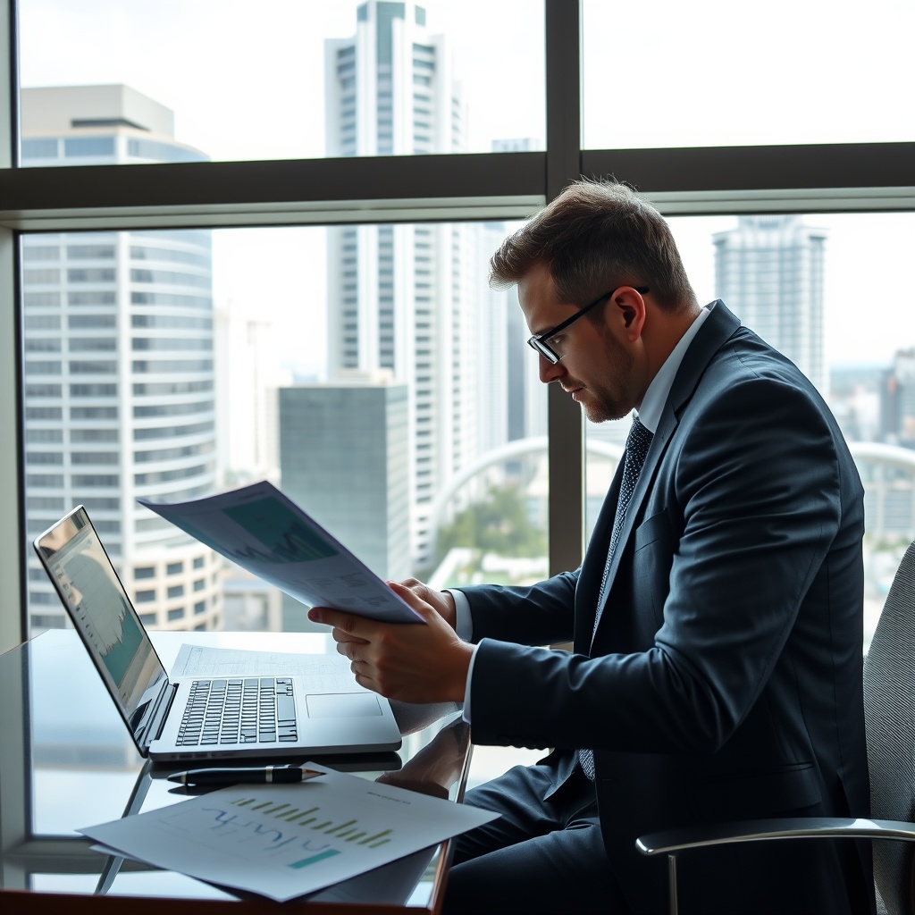 Professional stock photo of a businessperson in a Panama City office reviewing legal documents and digital charts on a laptop, with a view of modern banking district buildings through the window, no text.