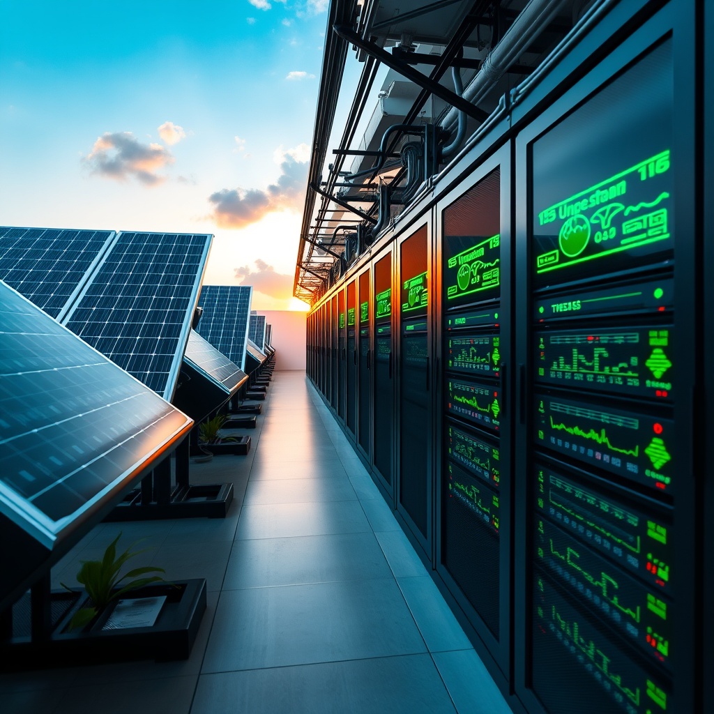 Professional stock photo of a sustainable data center in Panama with solar panels, green energy indicators, and servers, showcasing eco-friendly blockchain infrastructure, no text.