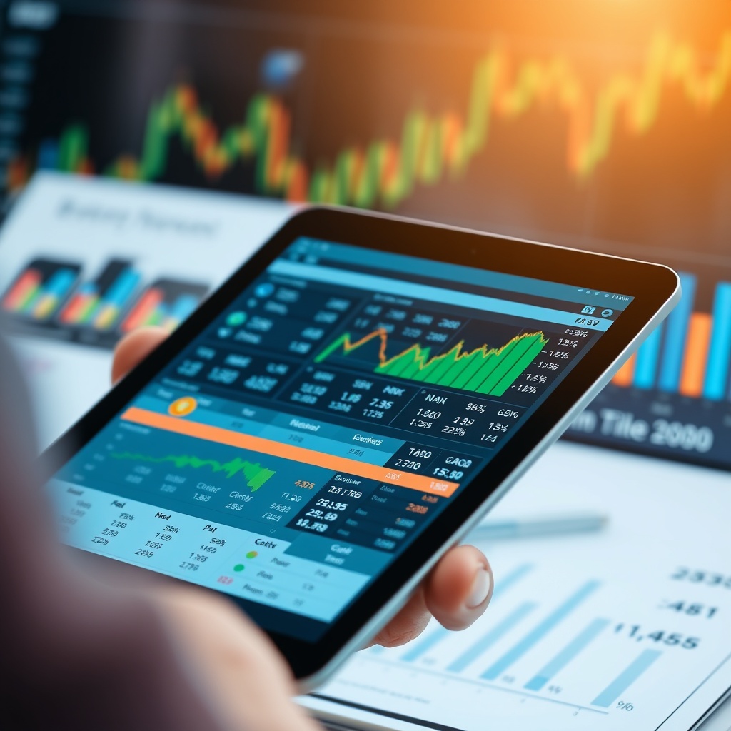 Professional stock photo of a person analyzing cryptocurrency transaction data on a digital tablet, with charts and graphs visible in the background, representing taxable crypto events and calculations.