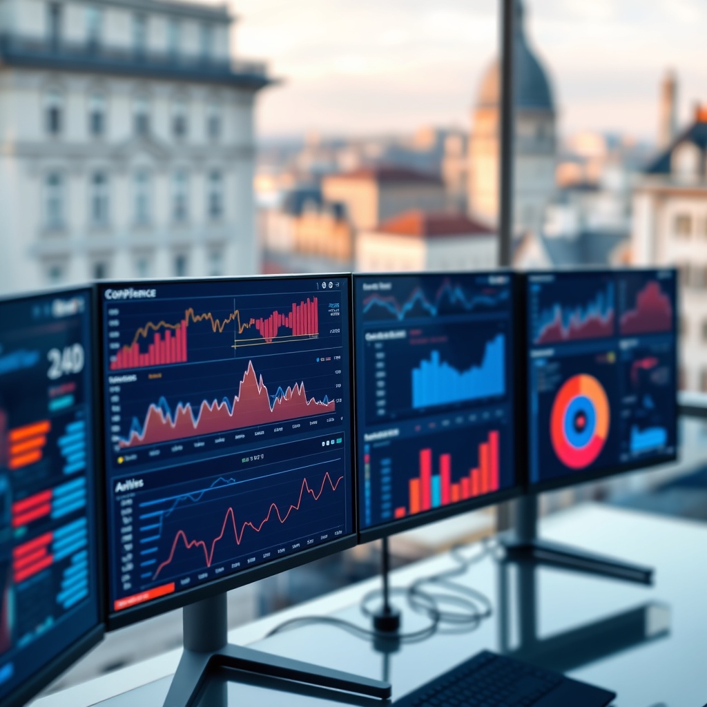 Professional stock photo of a modern compliance dashboard on multiple monitors, showing data analytics and risk assessment graphs, with a blurred background of a European city skyline, symbolizing regulatory monitoring tools.