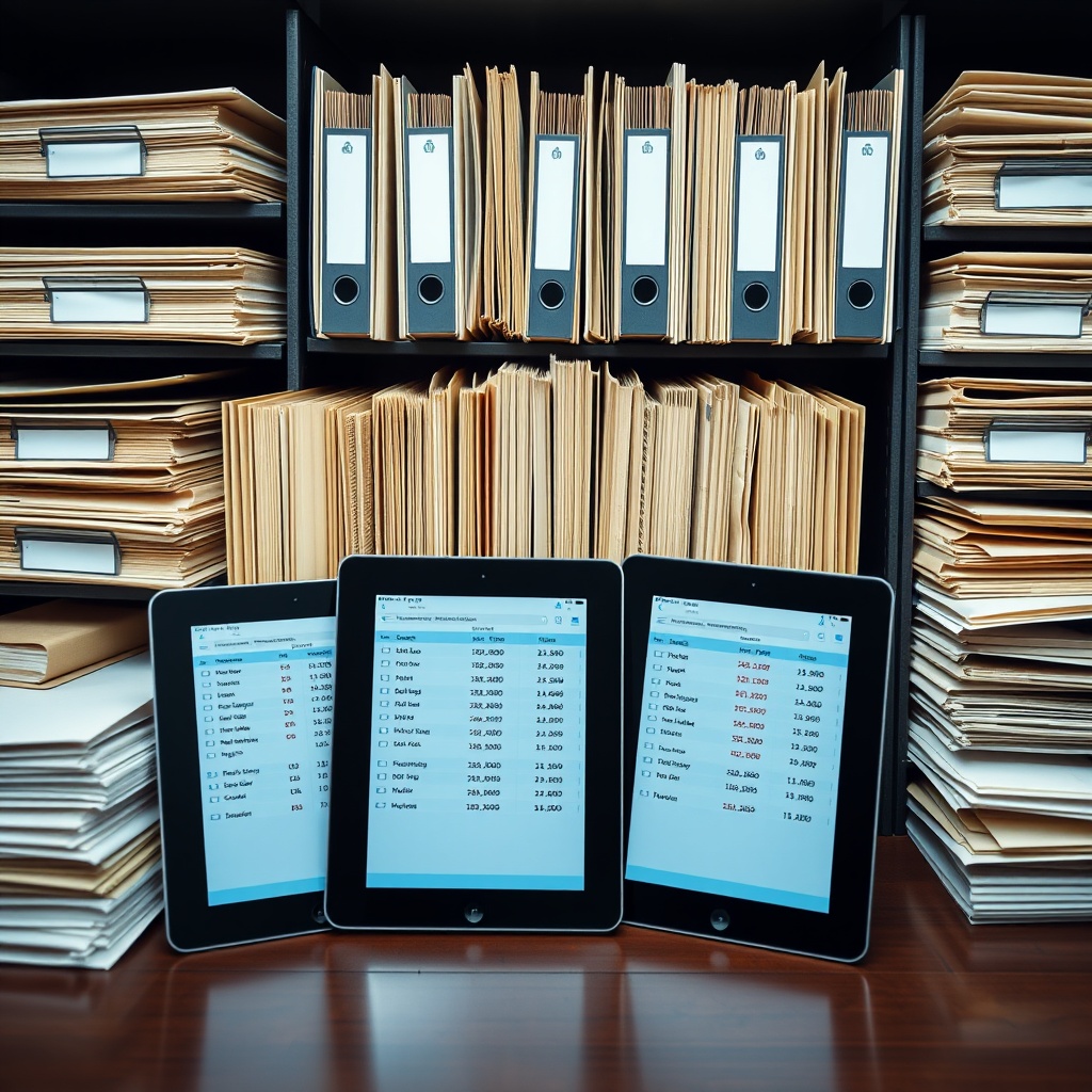 Professional stock photo of organized digital and physical filing systems, with a focus on document folders and digital tablets displaying transaction logs, symbolizing record-keeping and compliance.