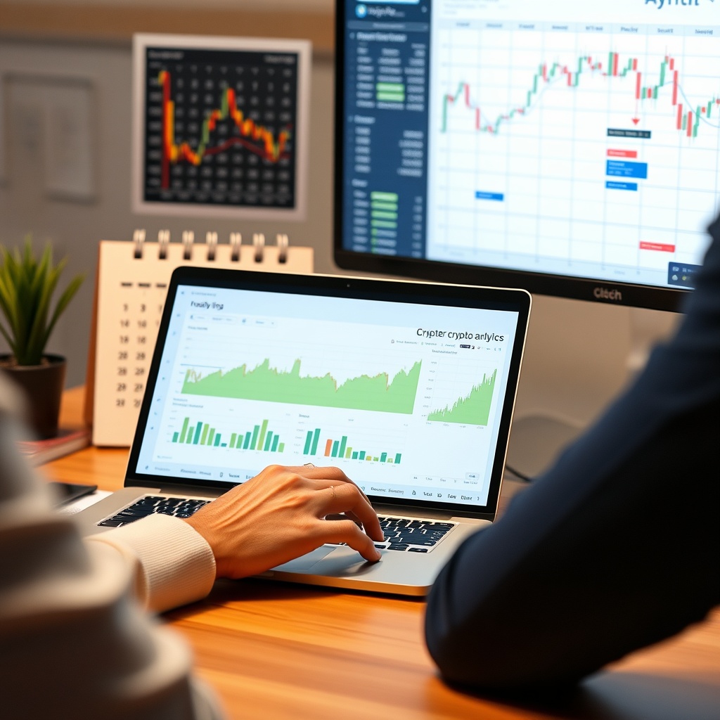 Professional stock photo of a strategic planning session with a person using a laptop showing cryptocurrency portfolio analytics, with a calendar and financial charts in the background.