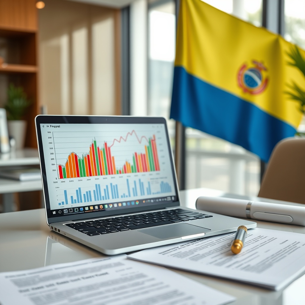Professional stock photo of a modern office with a laptop displaying cryptocurrency charts next to legal documents and a Paraguayan flag, representing tax optimization structures.
