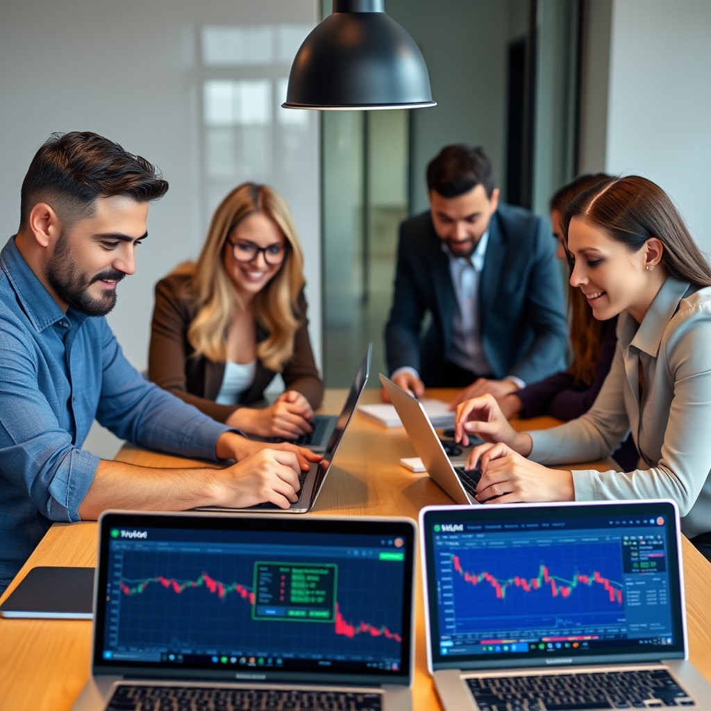 Professional stock photo of diverse professionals collaborating around a table with laptops showing crypto trading platforms and investment portfolios, depicting real-world scenarios.