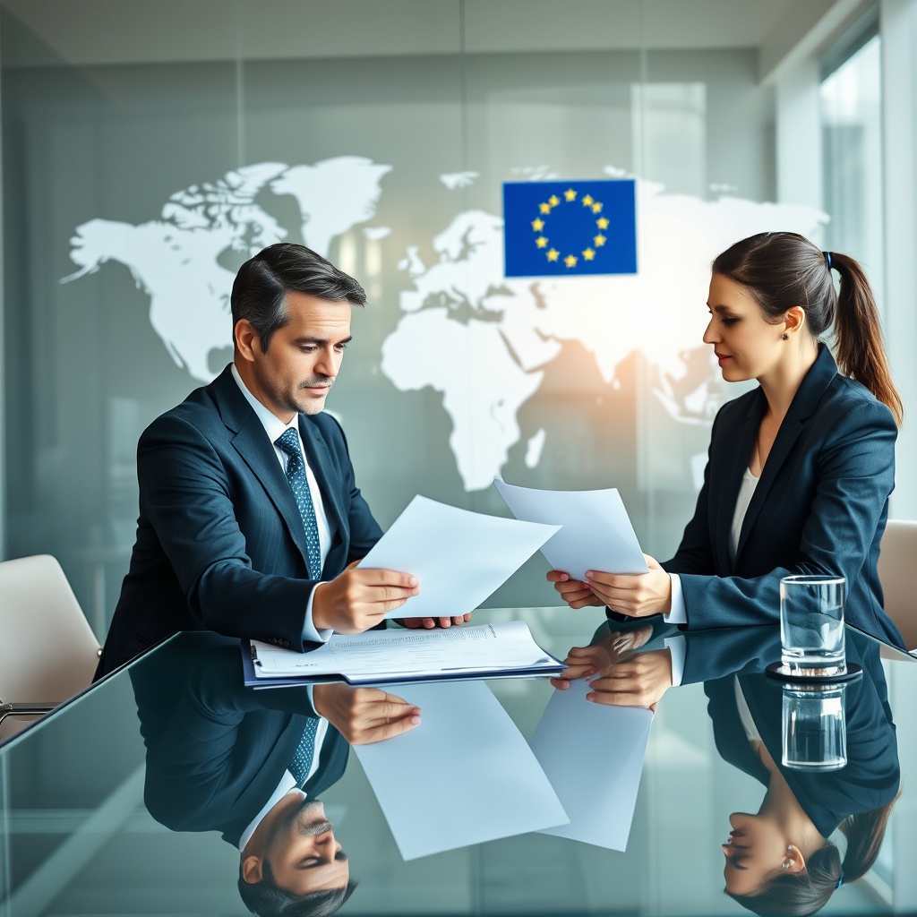 Professional stock photo of a businessperson in a suit reviewing documents with a legal advisor at a glass table, with a world map and EU flag in the background, representing cross-border regulatory challenges.
