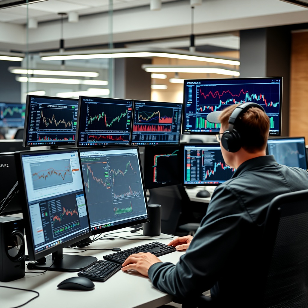 Professional stock photo of a secure, organized digital workspace setup with multiple monitors showing financial charts and data security software, in a contemporary coworking space.