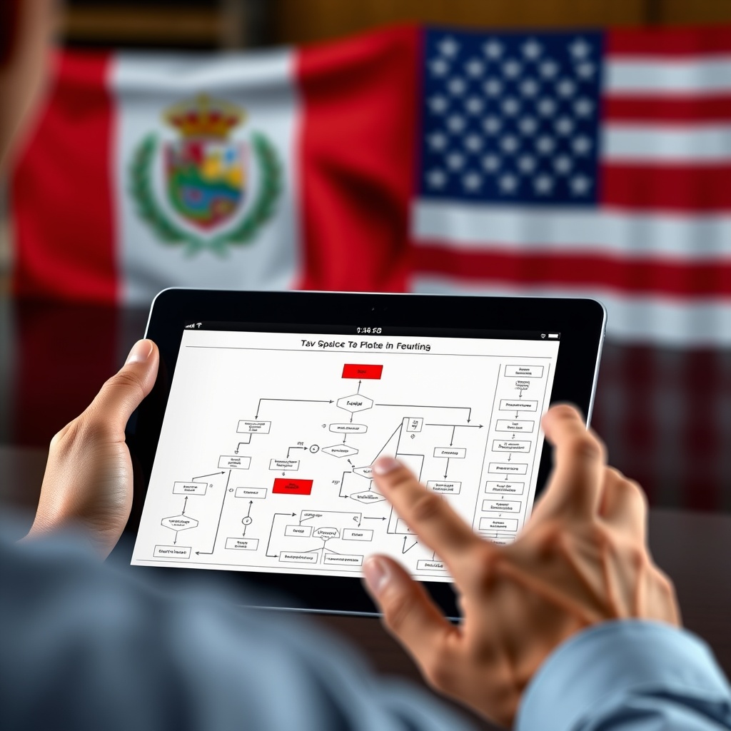 Professional stock photo of a person analyzing a complex flowchart on a tablet, with a Peruvian flag and a US flag in the background, symbolizing dual tax treaty considerations.