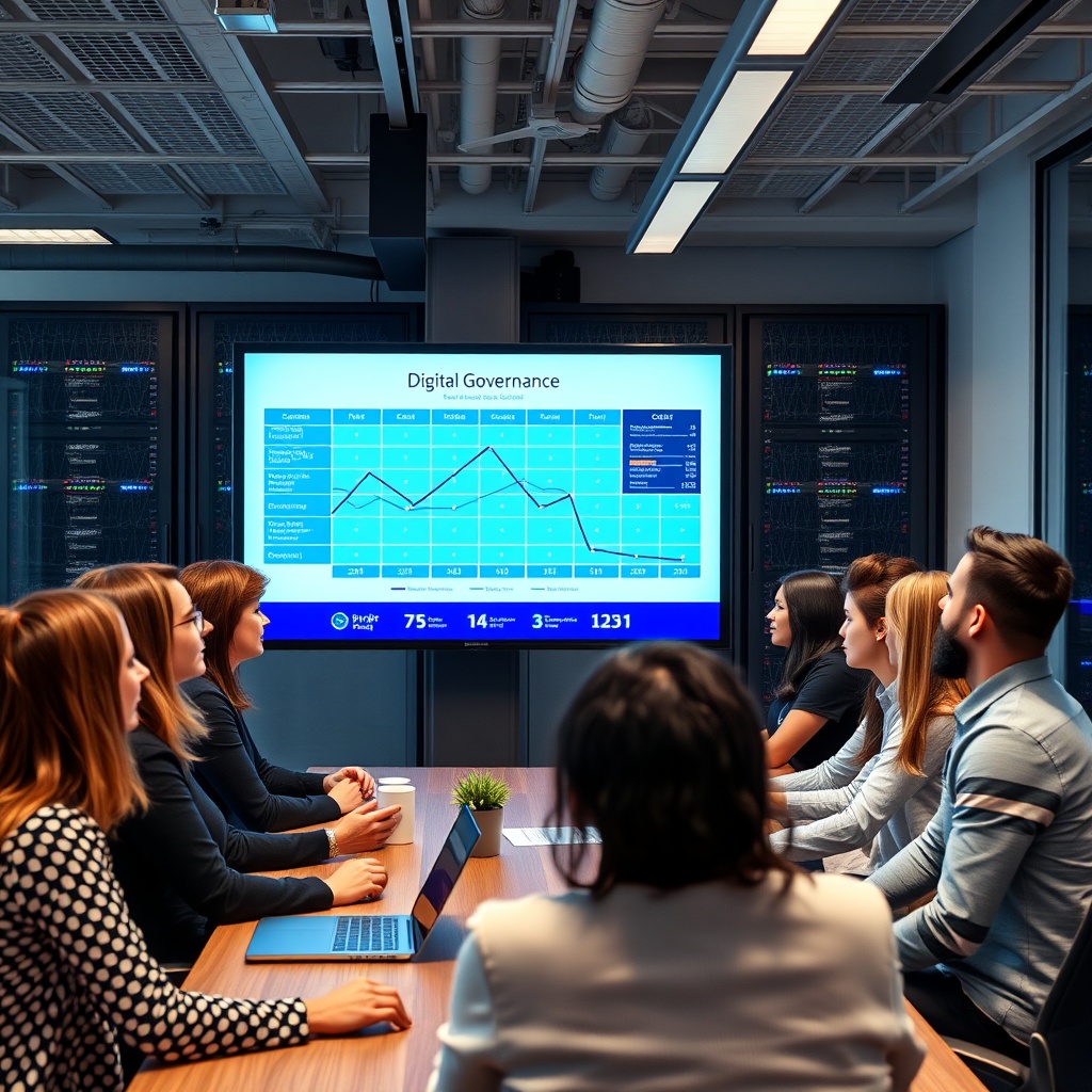 Professional stock photo of a diverse team in a modern office collaborating on a digital governance chart displayed on a large screen, with secure server racks visible in the background.