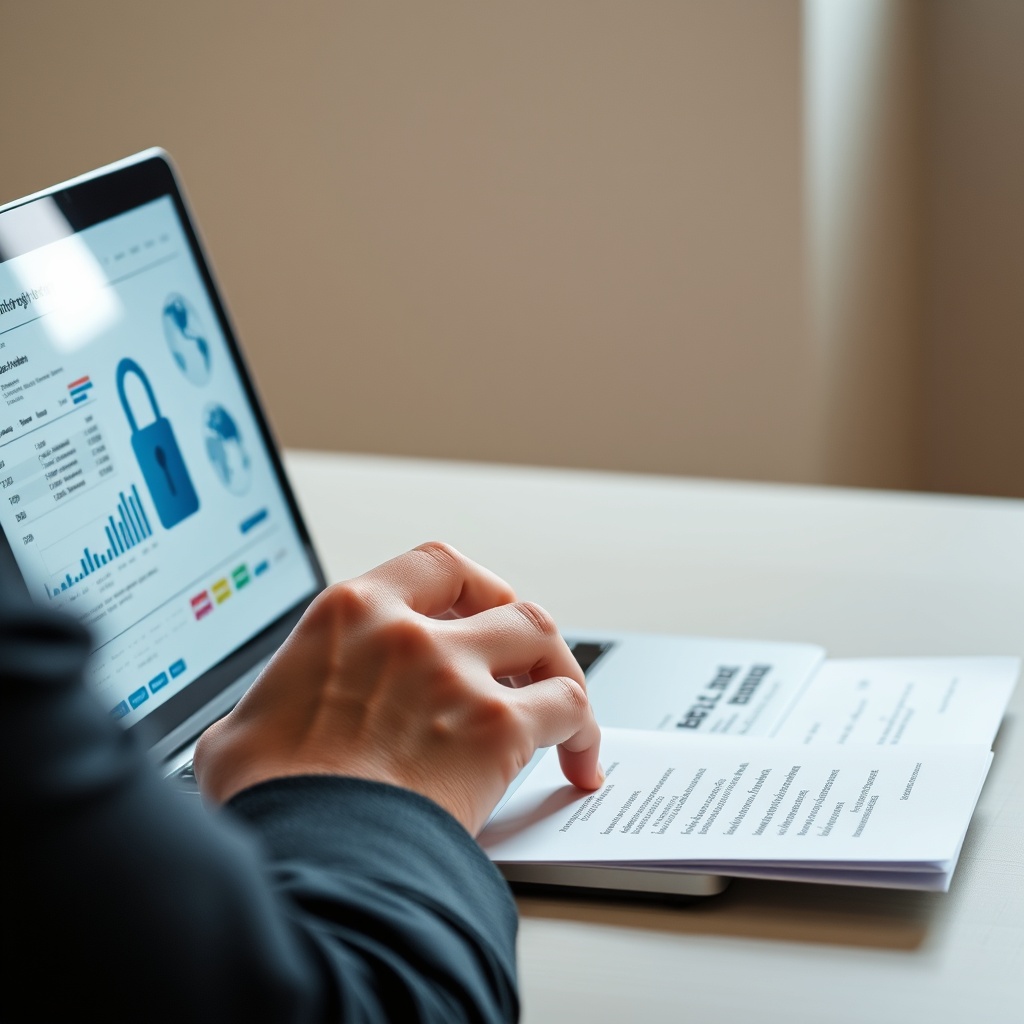Professional stock photo of a person reviewing a detailed financial report on a laptop, with a secure lock icon and a globe graphic on the screen, representing international reporting compliance.