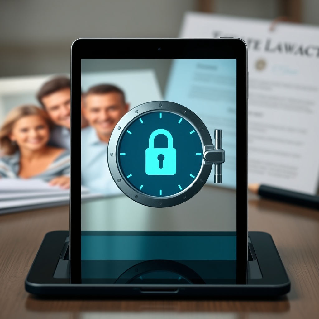 Professional stock photo of a secure digital vault interface on a tablet, with a family photo and legal documents in soft focus in the background, symbolizing estate planning.