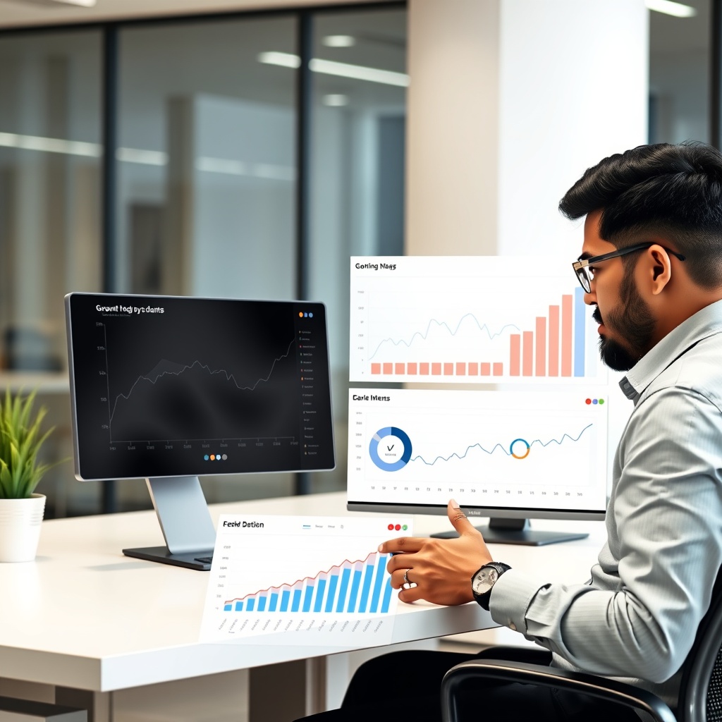 Professional stock photo of a successful Peruvian freelancer reviewing growth metrics on a digital dashboard, with a sleek office background, symbolizing business scaling and strategic financial expansion.