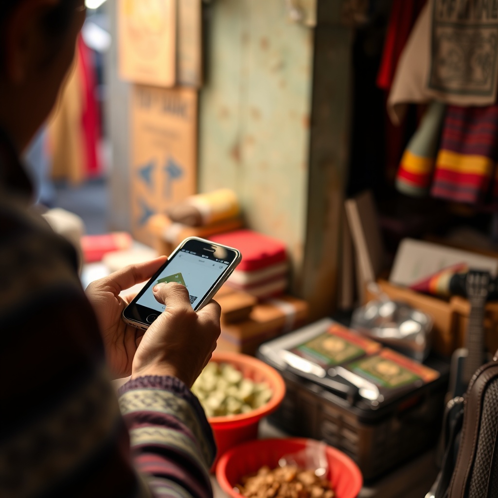 Professional stock photo of a person in Peru using a smartphone to make a digital payment at a small market stall, with QR code visible, showcasing mobile wallet adoption in everyday commerce.