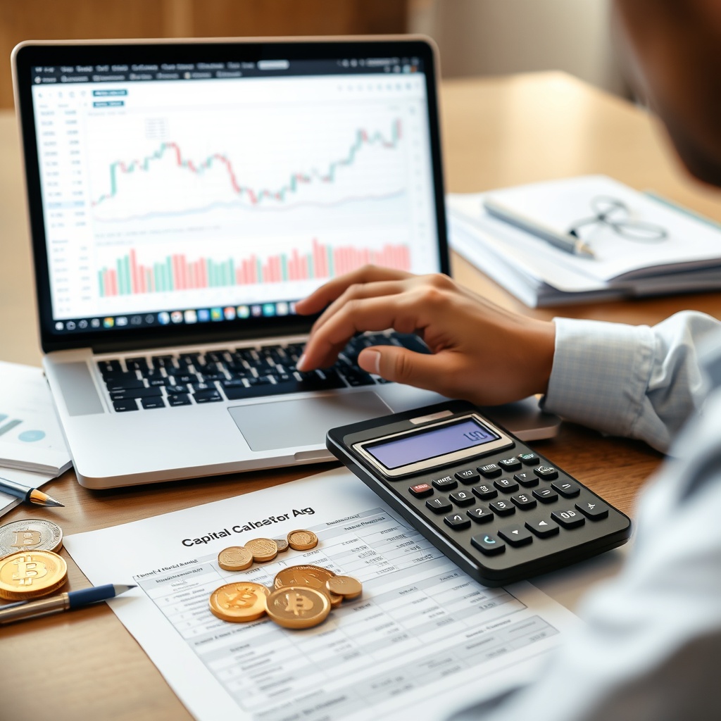 Professional stock photo of a person analyzing cryptocurrency investment charts on a laptop, with a calculator and financial documents nearby, representing capital gains calculation.
